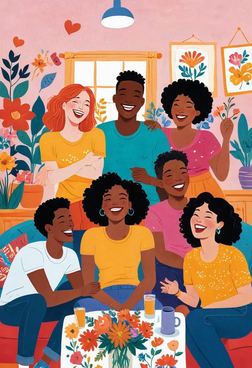 A whimsical and vibrant illustration showcasing a diverse group of adults laughing together in a cozy, inviting setting, surrounded by playful symbols of sex positivity like open flowers and colorful hearts. Their expressions embody freedom and joy, reflecting the liberating power of humor. The scene is bright and filled with warmth, capturing a sense of community and acceptance. vibrant colors. playful cartoon style.